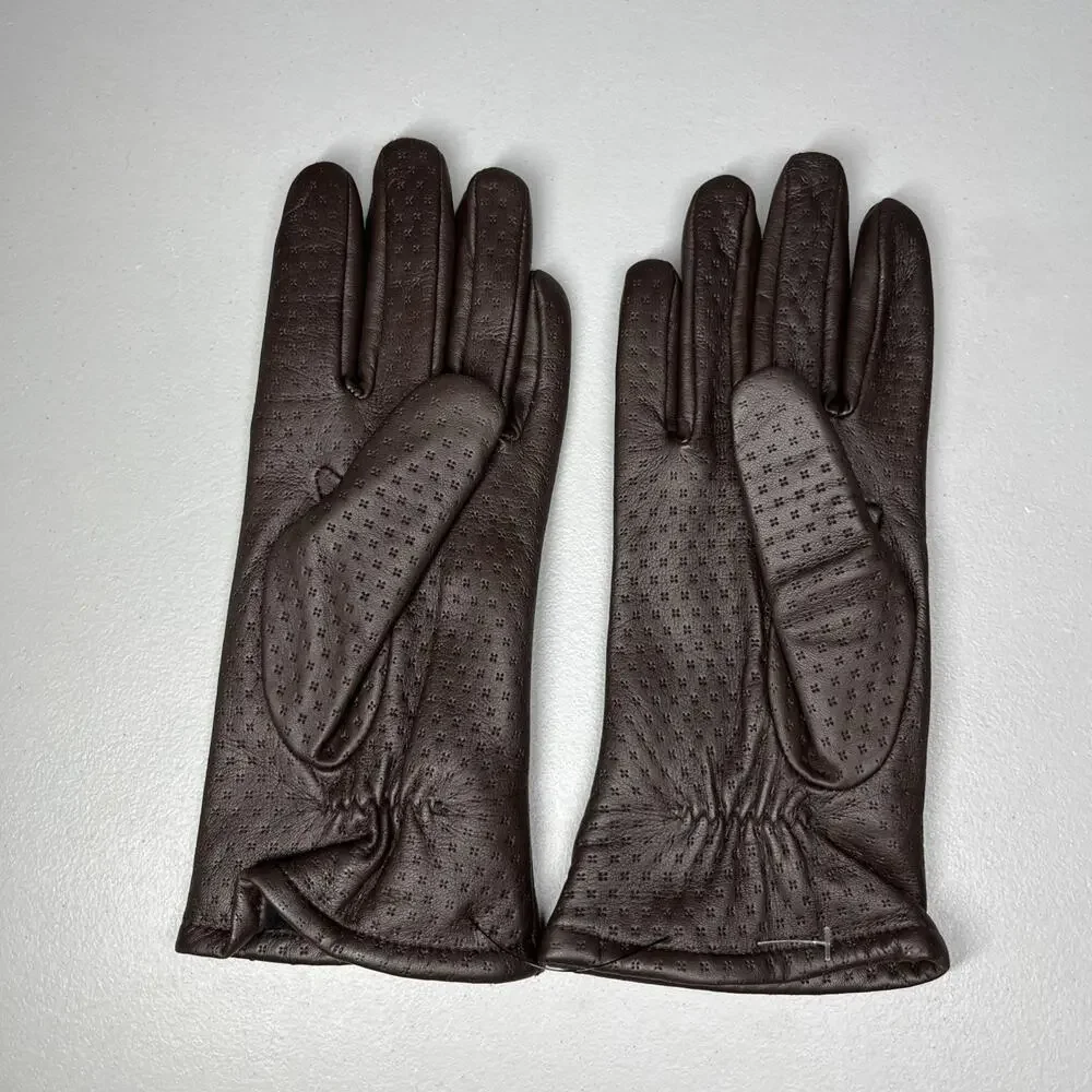 Perforated Leather Fleece Lined Gloves Brown Womens One Size Classic